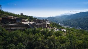 Aerial drone photograph of Gatlinburg SkyPark viewing deck, amphitheater, and Great Smoky Mountains built by Merit Construction, shot by Dwayne Hickson of Graphic Productions.