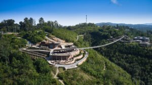 Panoramic aerial drone photograph of Gatlinburg SkyPark observation center and the SkyBridge suspension bridge spanning the mountain ravine by Dwayne Hickson, Graphic Productions in Gatlinburg, TN.