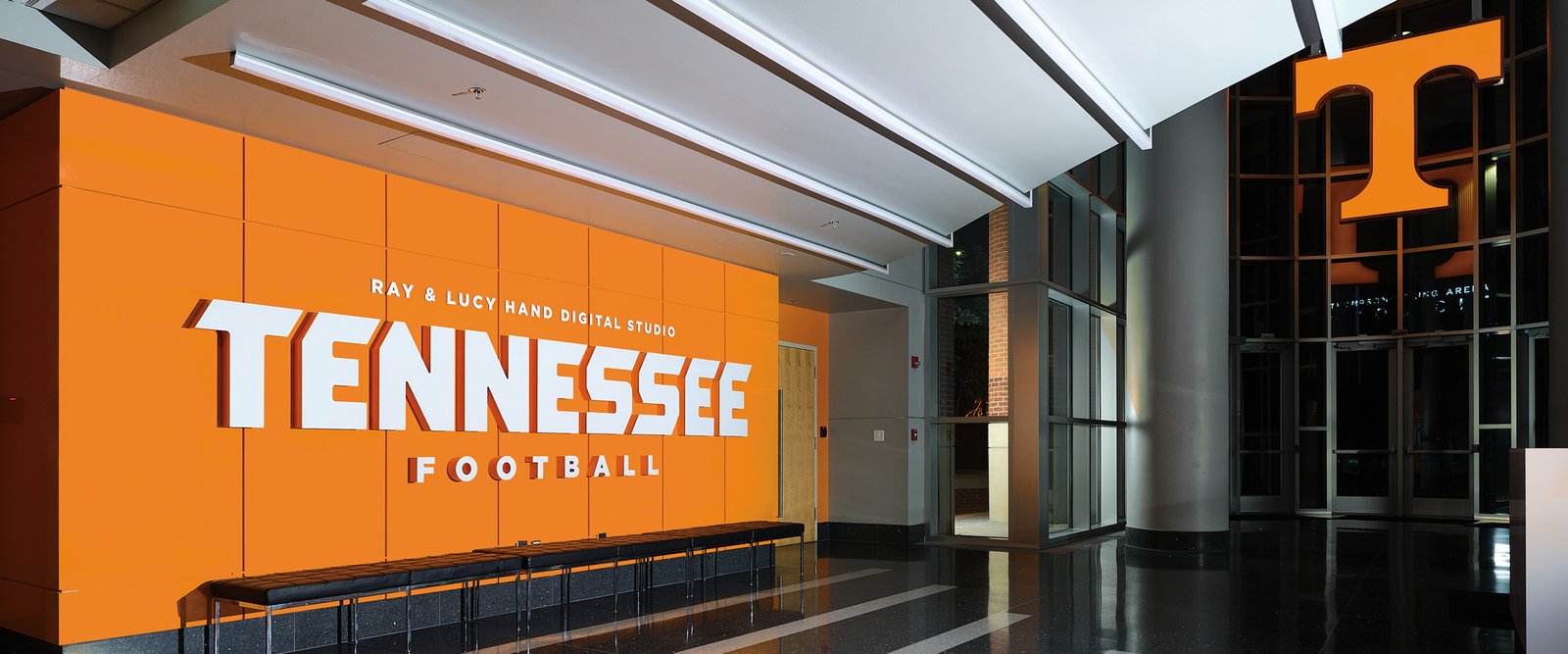 Commercial Architectural Photography - UT Football Ray & Lucy Hand Digital Studio Interior architectural commercial photography of the Ray & Lucy Hand Digital Studio at the University of Tennessee football complex by Graphic Productions