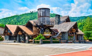 Pristine exterior architectural view of Crockett's Breakfast Camp featuring rustic timber framing, stone masonry, and water tower sign in Gatlinburg, TN.